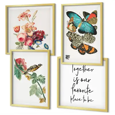Set de 4 cuadros decorativos para salón con diseño de flores, mariposas y pájaros en tonos pastel