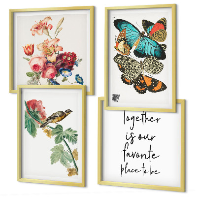 Set de 4 cuadros para salón Flores mariposas pájaro pastel