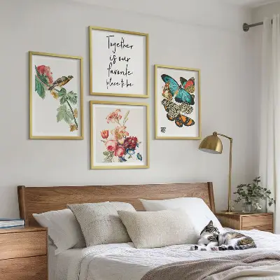 Set de 4 cuadros decorativos para salón con diseño de flores, mariposas y pájaros en tonos pastel