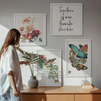 Set de 4 cuadros decorativos para salón con diseño de flores, mariposas y pájaros en tonos pastel