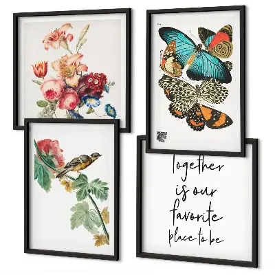 Set de 4 cuadros decorativos para salón con diseño de flores, mariposas y pájaros en tonos pastel