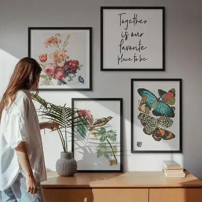 Set de 4 cuadros decorativos para salón con diseño de flores, mariposas y pájaros en tonos pastel