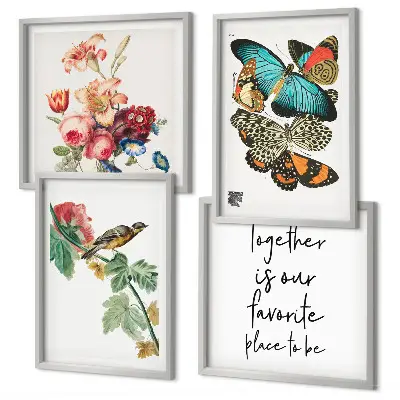 Set de 4 cuadros decorativos para salón con diseño de flores, mariposas y pájaros en tonos pastel
