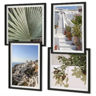 Set de cuadros modernos para salón con diseño de escaleras blancas con vistas a Santorini