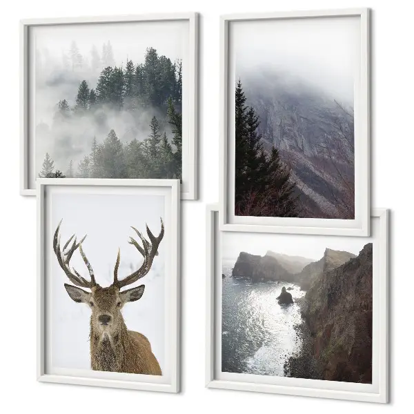 Galería de pared paisaje de montaña con ciervo entre la niebla