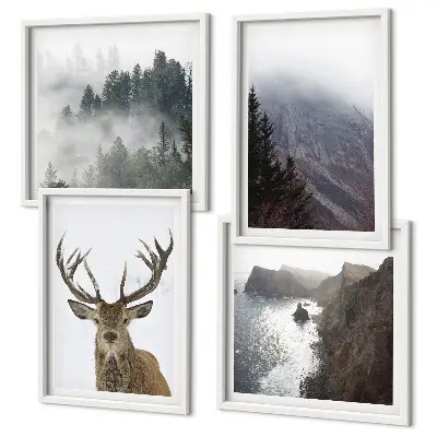 Galería de pared paisaje de montaña con ciervo entre la niebla