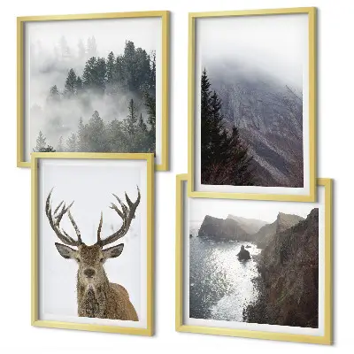 Galería de pared paisaje de montaña con ciervo entre la niebla