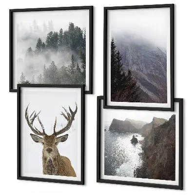 Galería de pared paisaje de montaña con ciervo entre la niebla