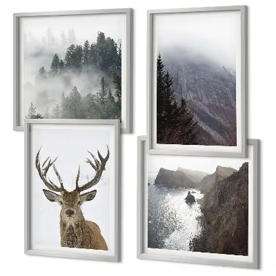 Galería de pared paisaje de montaña con ciervo entre la niebla