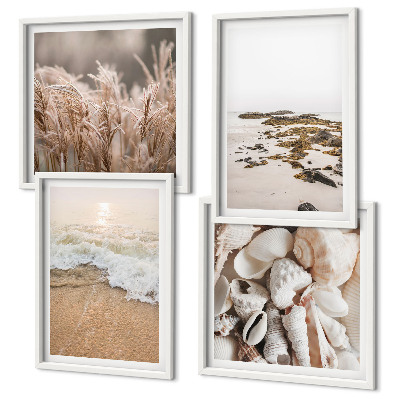 Set de 4 cuadros para salón Hierba de playa olas piedras boho