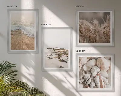 Set de 4 cuadros para salón diseño bohemio con hierba de playa, olas y piedras