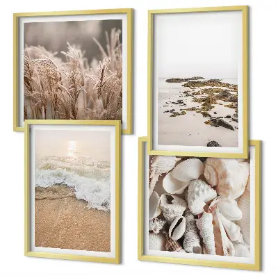 Set de 4 cuadros para salón diseño bohemio con hierba de playa, olas y piedras