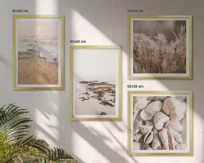 Set de 4 cuadros para salón diseño bohemio con hierba de playa, olas y piedras