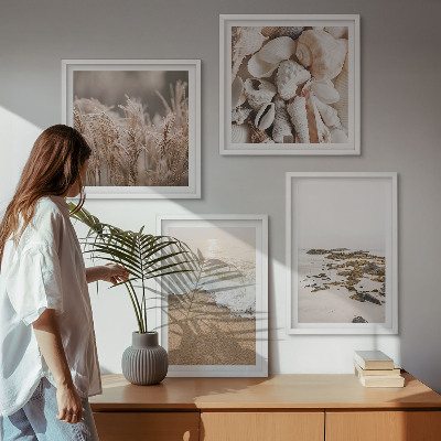Set de 4 cuadros para salón Hierba de playa olas piedras boho