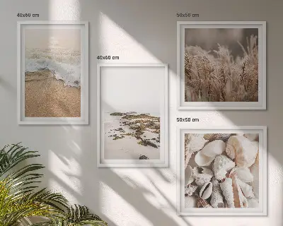Set de 4 cuadros para salón diseño bohemio con hierba de playa, olas y piedras