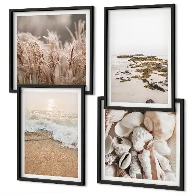Set de 4 cuadros para salón diseño bohemio con hierba de playa, olas y piedras