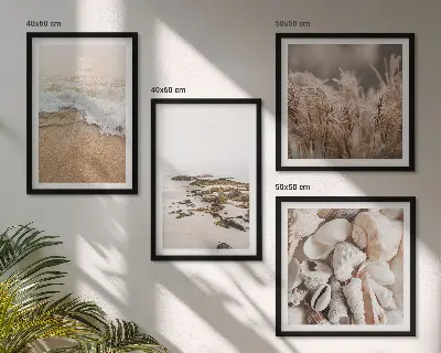Set de 4 cuadros para salón diseño bohemio con hierba de playa, olas y piedras