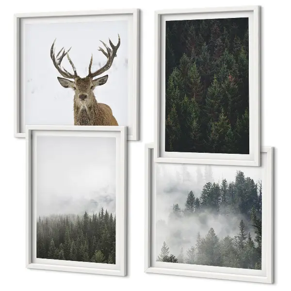 Set de cuadros modernos para salón con diseño de paisaje de bosque verde brumoso