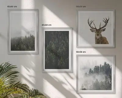 Set de cuadros modernos para salón con diseño de paisaje de bosque verde brumoso