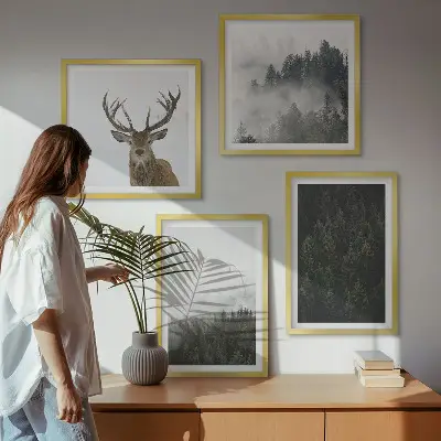 Set de cuadros modernos para salón con diseño de paisaje de bosque verde brumoso