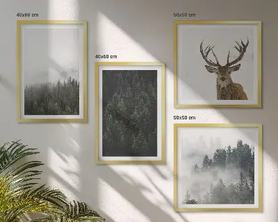 Set de cuadros modernos para salón con diseño de paisaje de bosque verde brumoso