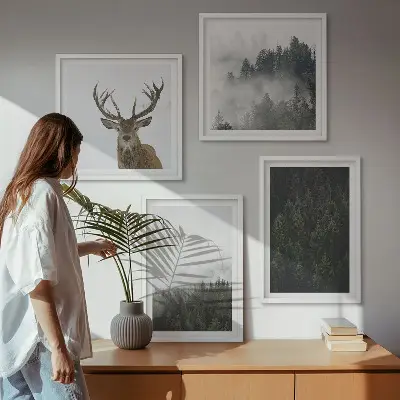 Set de cuadros modernos para salón con diseño de paisaje de bosque verde brumoso