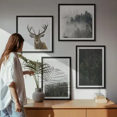 Set de cuadros modernos para salón con diseño de paisaje de bosque verde brumoso