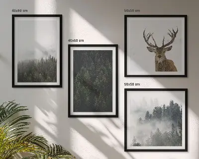 Set de cuadros modernos para salón con diseño de paisaje de bosque verde brumoso