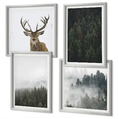 Set de cuadros modernos para salón con diseño de paisaje de bosque verde brumoso
