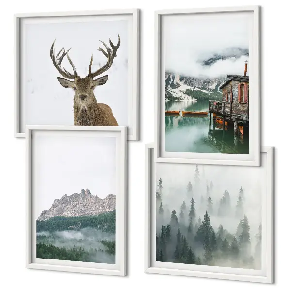 Galería de pared con diseño de montañas, lago, ciervo y niebla en una cabaña