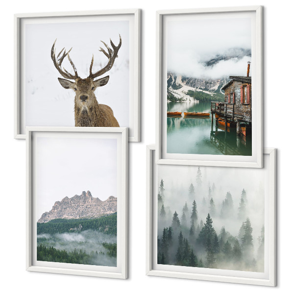 Galería de pared Montañas lago ciervo cabaña niebla
