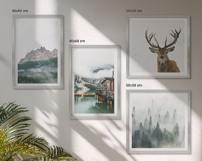 Galería de pared Montañas lago ciervo cabaña niebla