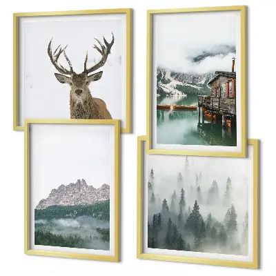 Galería de pared con diseño de montañas, lago, ciervo y niebla en una cabaña