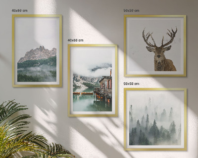 Galería de pared Montañas lago ciervo cabaña niebla