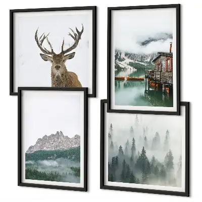Galería de pared con diseño de montañas, lago, ciervo y niebla en una cabaña