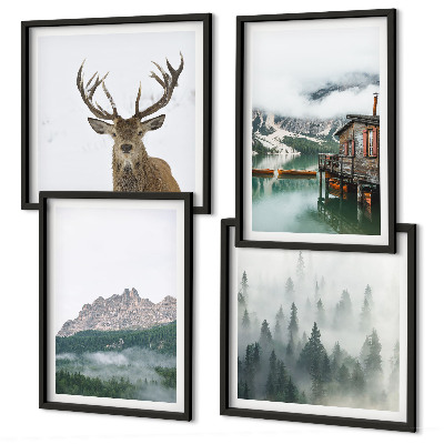 Galería de pared Montañas lago ciervo cabaña niebla