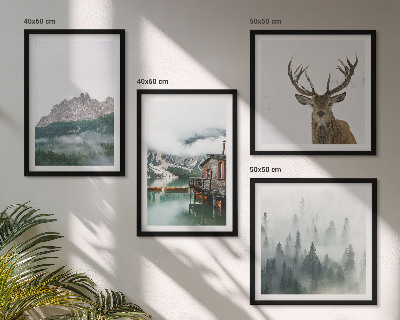 Galería de pared Montañas lago ciervo cabaña niebla