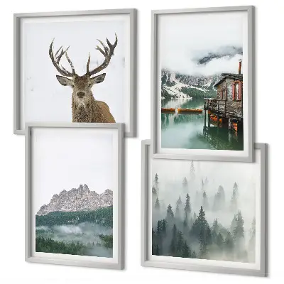 Galería de pared con diseño de montañas, lago, ciervo y niebla en una cabaña