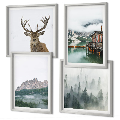 Galería de pared Montañas lago ciervo cabaña niebla