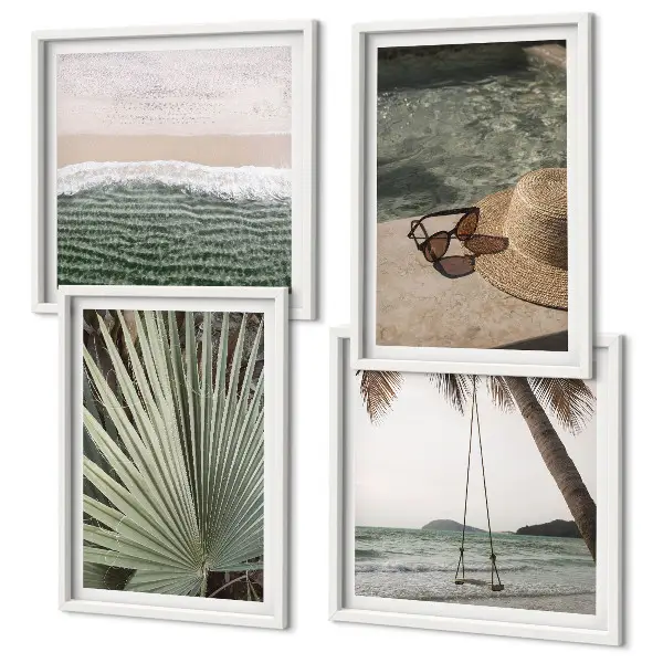 Set de 4 cuadros para salón diseño de columpio de playa y vacaciones con hojas