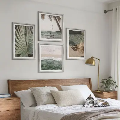 Set de 4 cuadros para salón diseño de columpio de playa y vacaciones con hojas