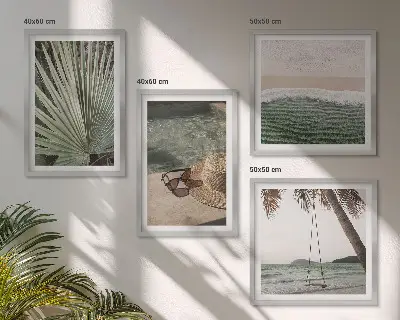 Set de 4 cuadros para salón diseño de columpio de playa y vacaciones con hojas