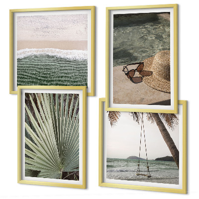 Set de 4 cuadros para salón Columpio de playa, vacaciones con hojas