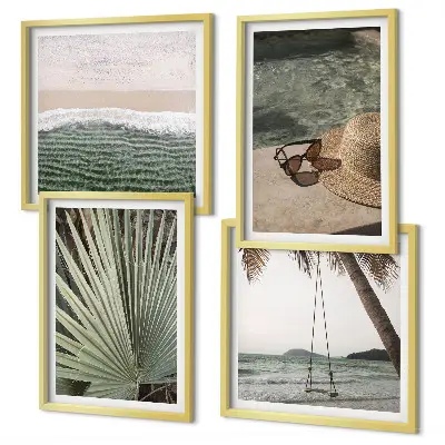 Set de 4 cuadros para salón diseño de columpio de playa y vacaciones con hojas