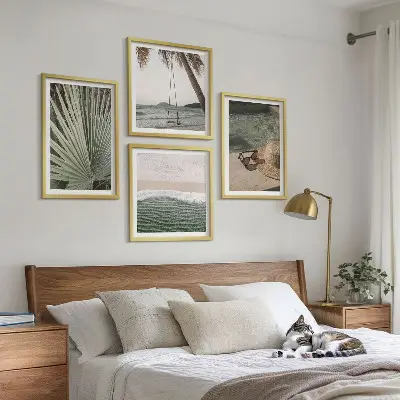 Set de 4 cuadros para salón diseño de columpio de playa y vacaciones con hojas