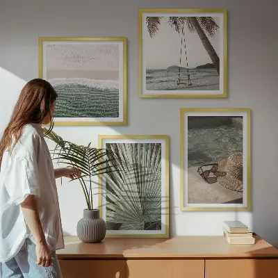 Set de 4 cuadros para salón diseño de columpio de playa y vacaciones con hojas