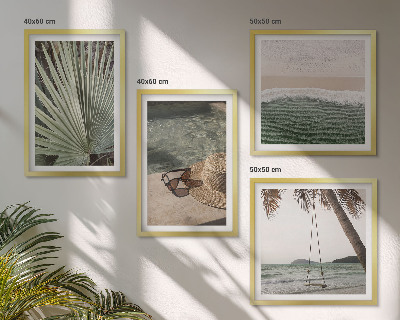 Set de 4 cuadros para salón Columpio de playa, vacaciones con hojas