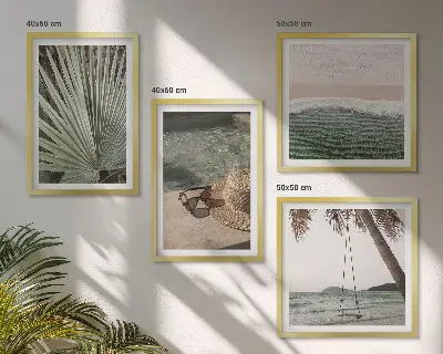 Set de 4 cuadros para salón diseño de columpio de playa y vacaciones con hojas