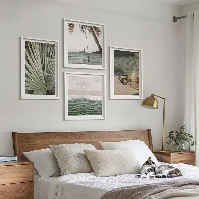 Set de 4 cuadros para salón diseño de columpio de playa y vacaciones con hojas
