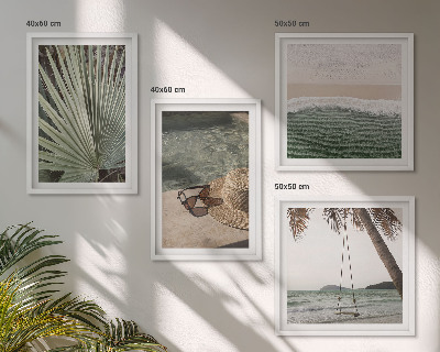Set de 4 cuadros para salón Columpio de playa, vacaciones con hojas